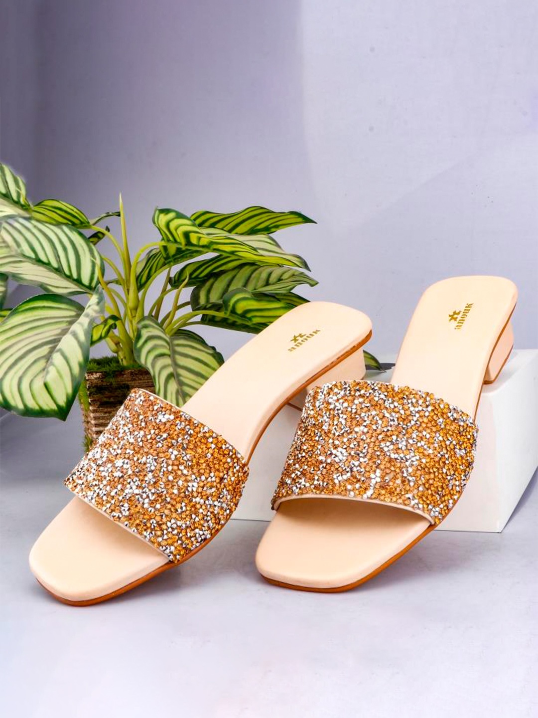

Anouk Beige & Gold Toned Embellished Party Open Toe Flats