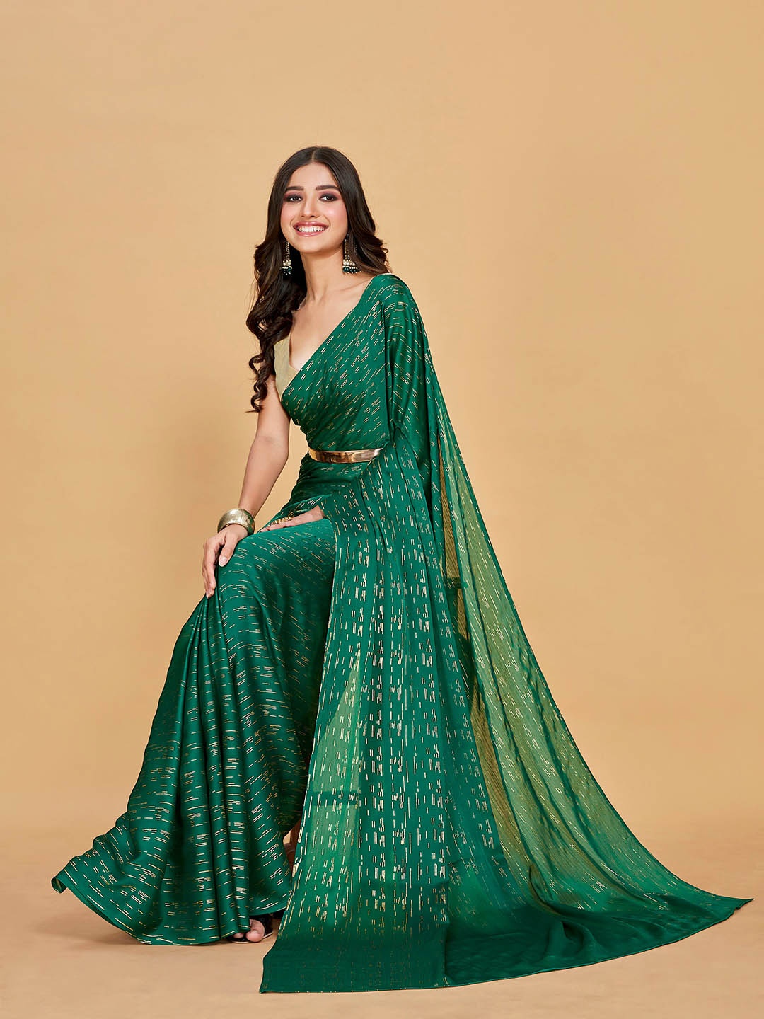 

Sangria Geometric Printed Pure Chiffon Saree, Green