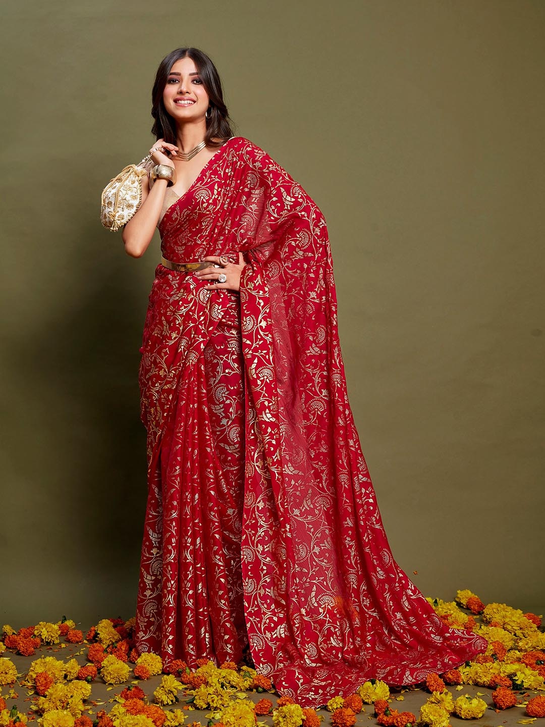 

Sangria Ethnic Motif Printed Saree, Red