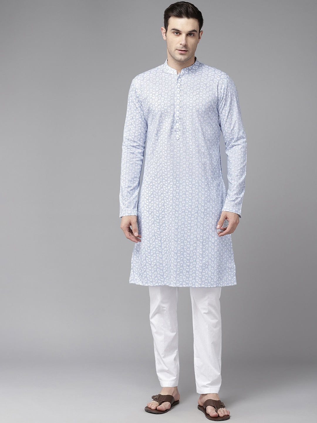 

See Designs Geometric Embroidered Mandarin Collar Straight Cotton Kurta, White