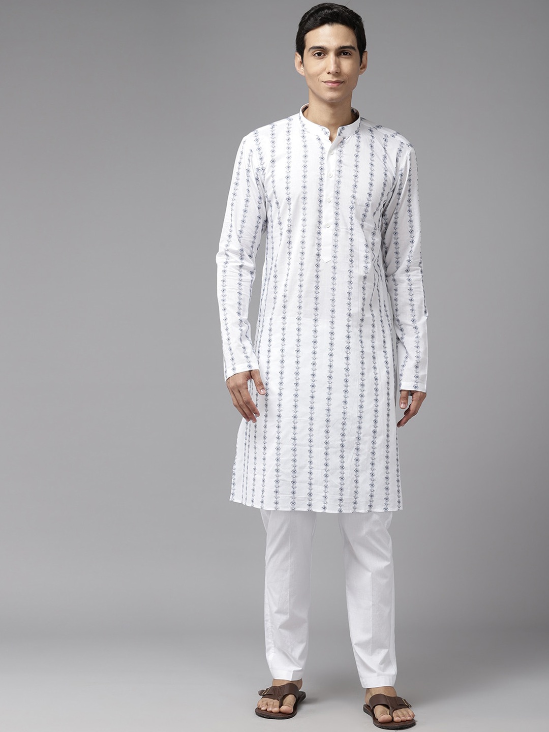 

See Designs Floral Embroidered Mandarin Collar Straight Cotton Kurta, White