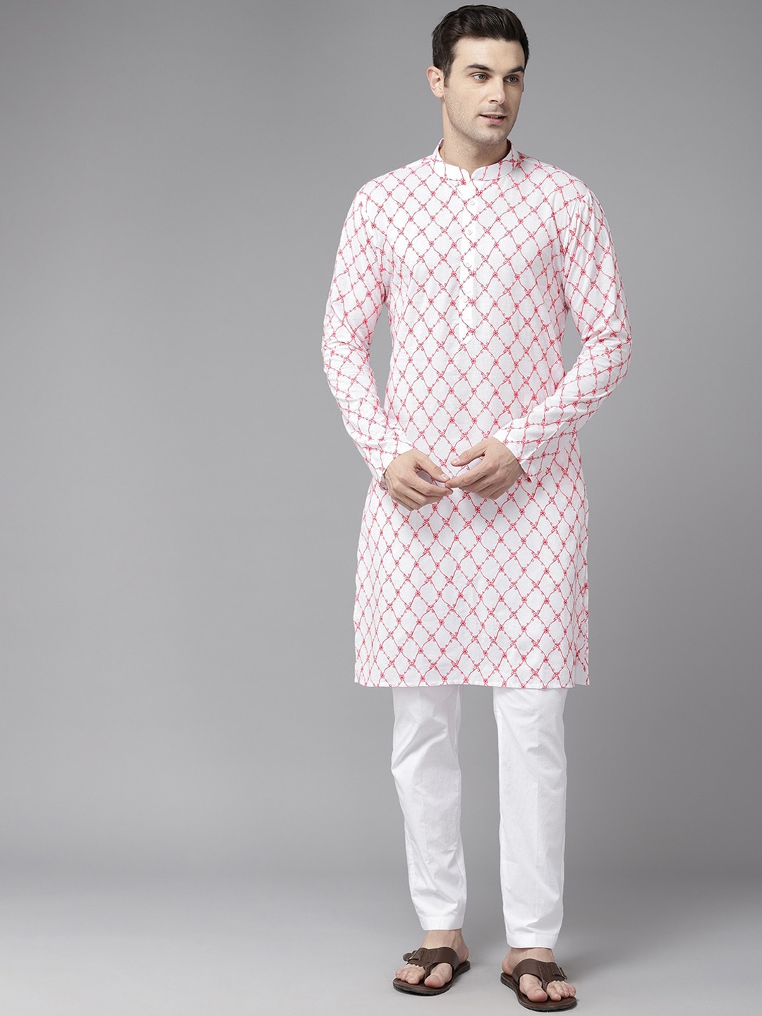 

See Designs Floral Embroidered Mandarin Collar Straight Cotton Kurta, White