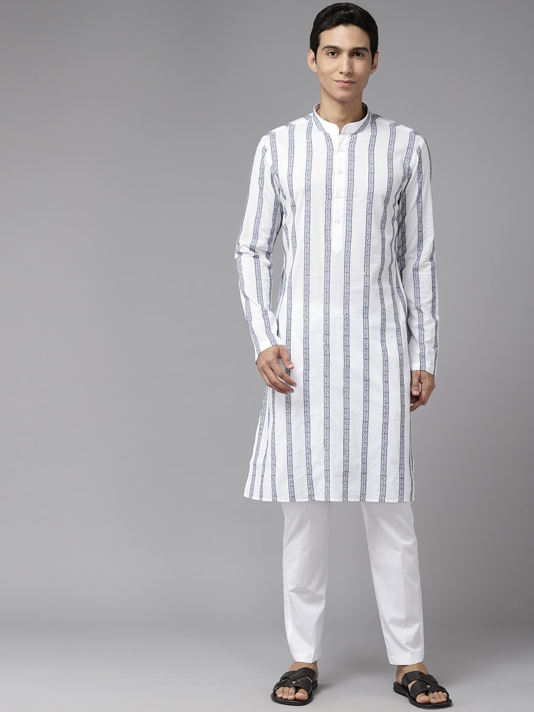 

See Designs Striped Mandarin Collar Thread Work Straight Cotton Kurta, White