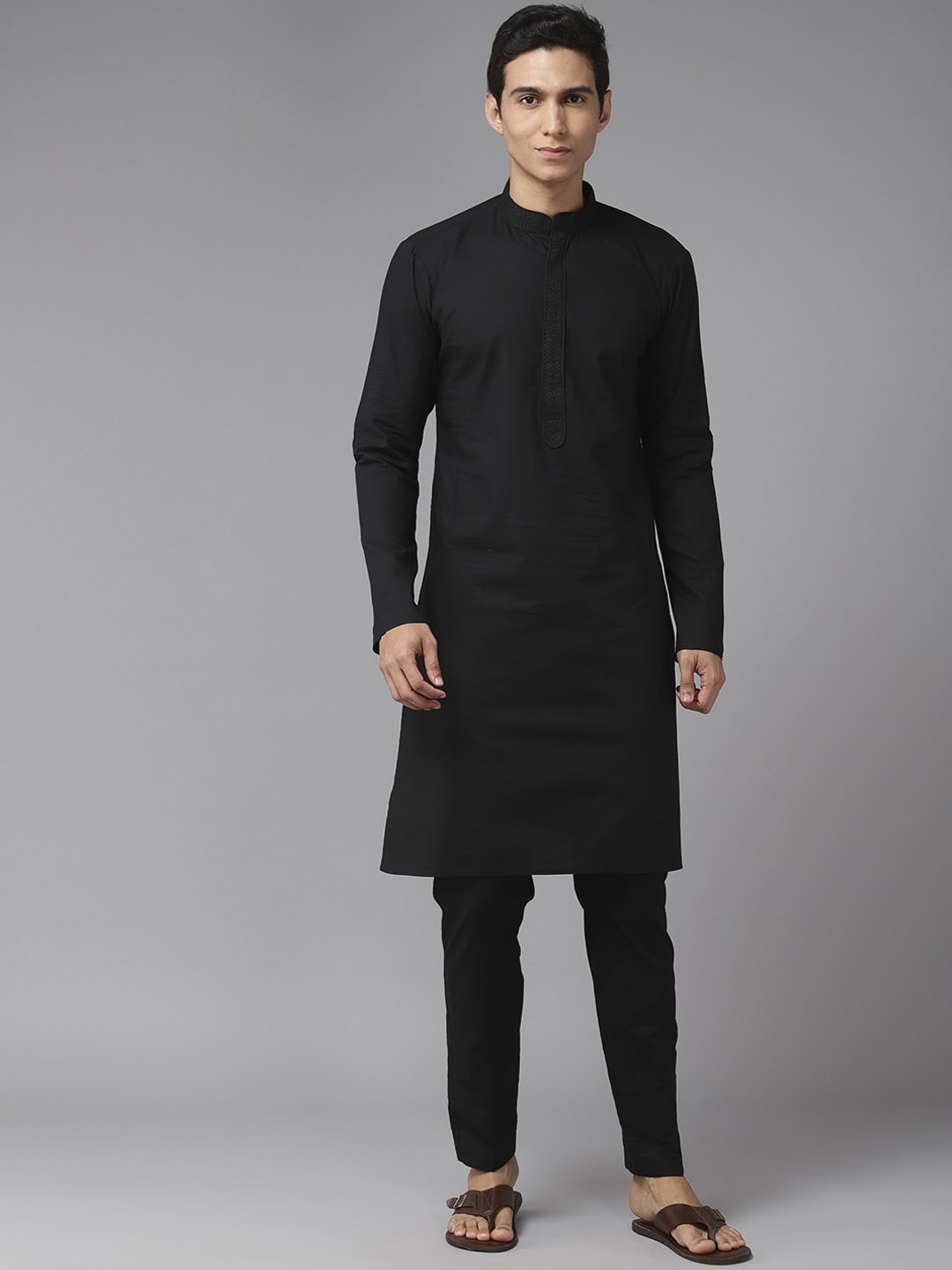 

See Designs Mandarin Collar Thread Work Straight Cotton Kurta, Black