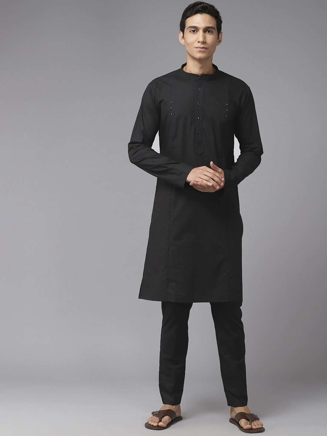 

See Designs Mandarin Collar Mirror Work Straight Cotton Kurta, Black