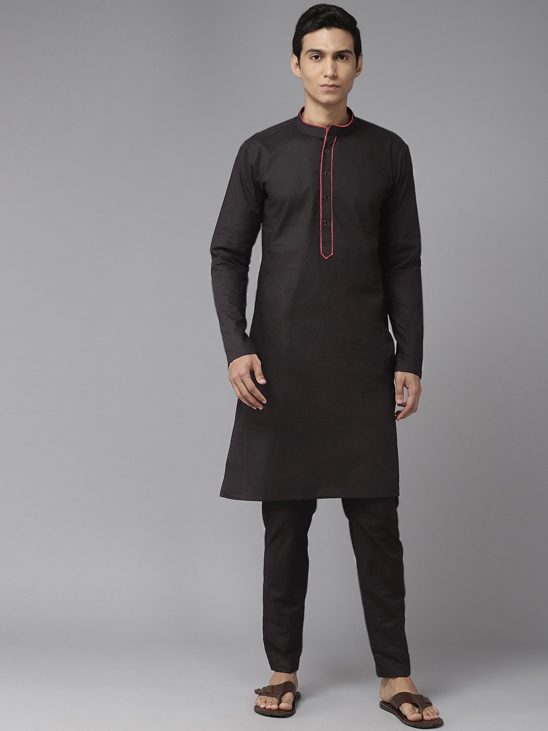 

See Designs Mandarin Collar Straight Cotton Kurta, Black