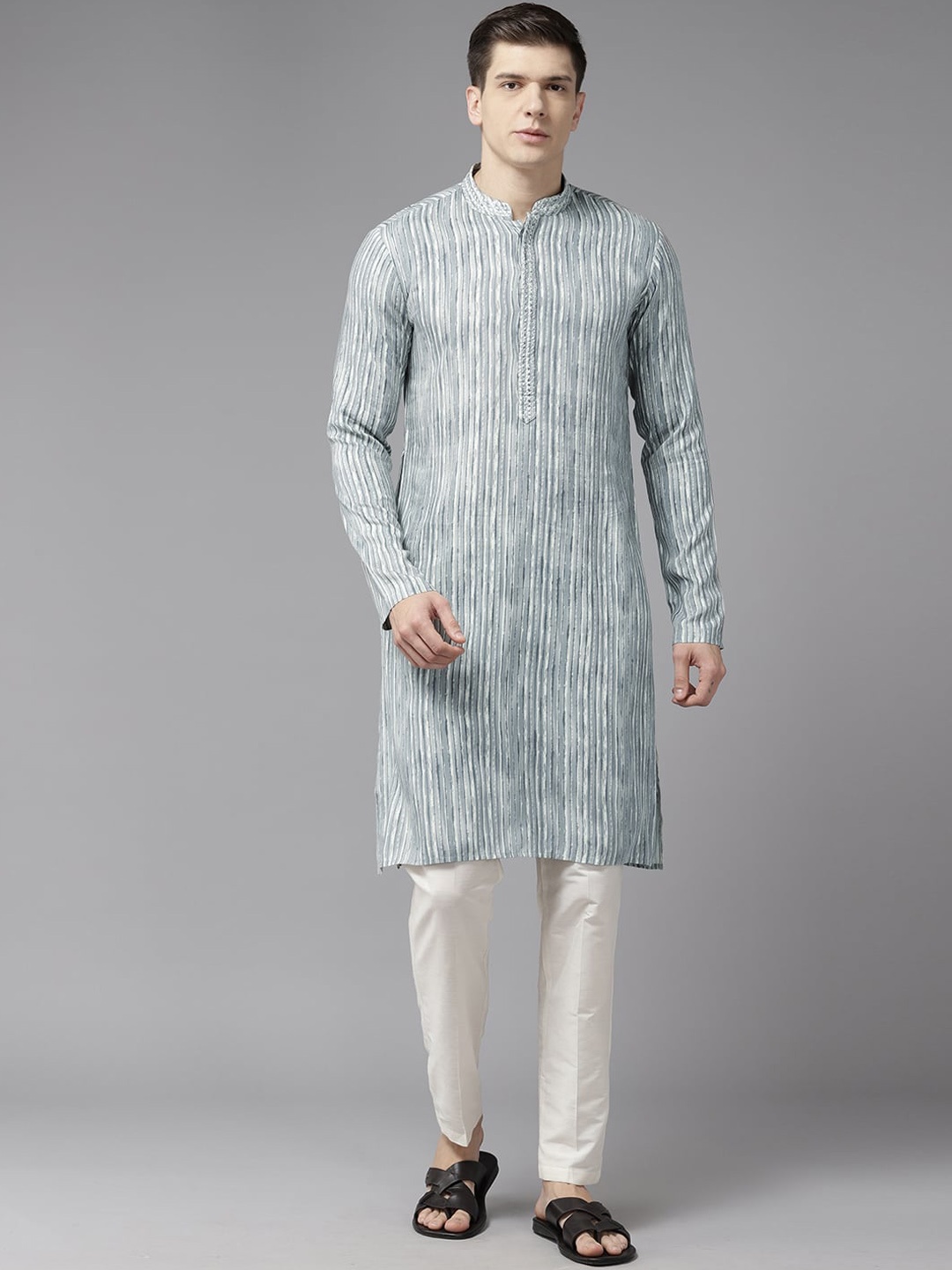 

See Designs Striped Mandarin Collar Thread Work Straight Cotton Kurta, White