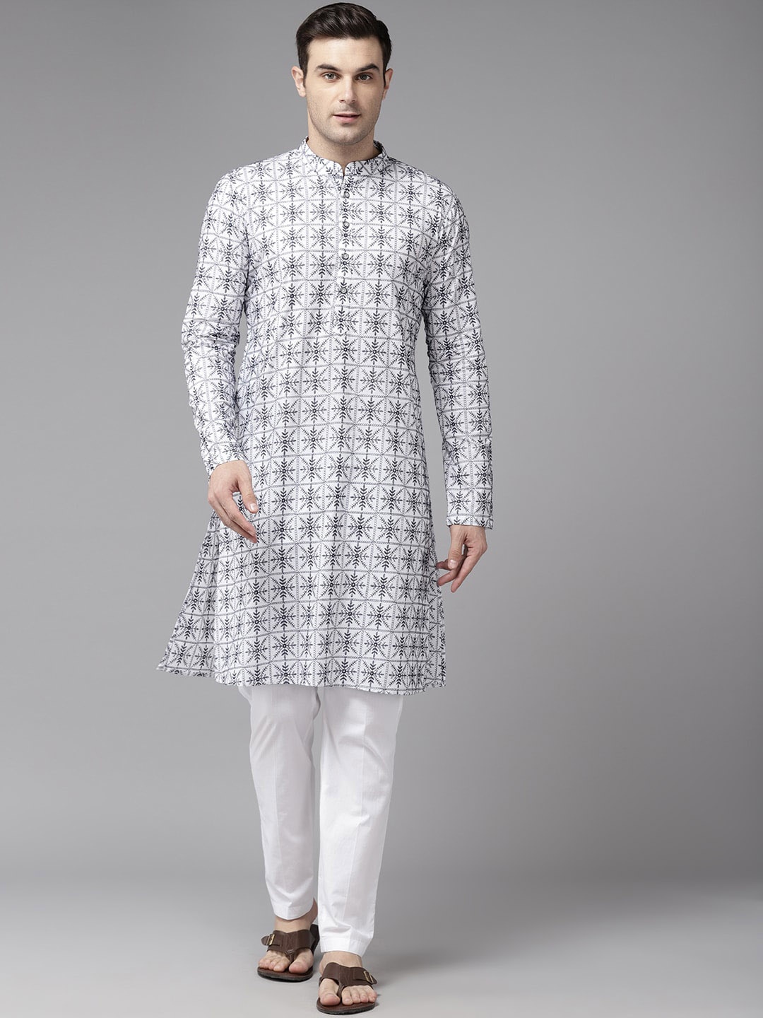 

See Designs Floral Embroidered Mandarin Collar Straight Cotton Kurta, White