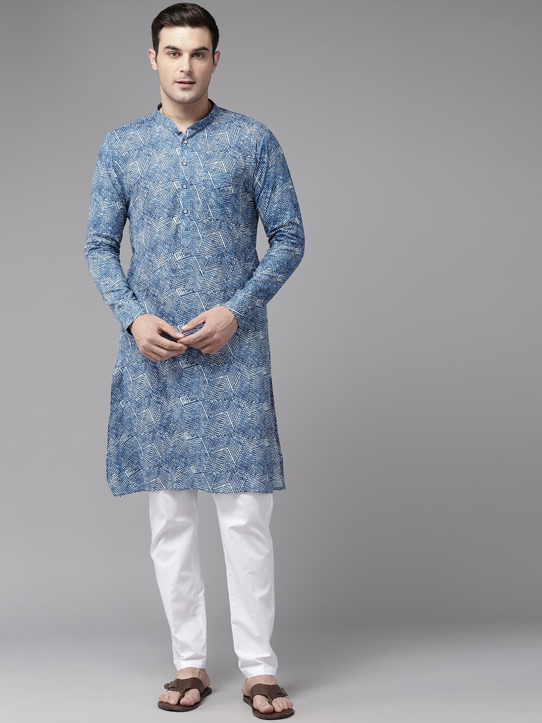 

See Designs Abstract Printed Mandarin Collar Straight Cotton Kurta, Blue