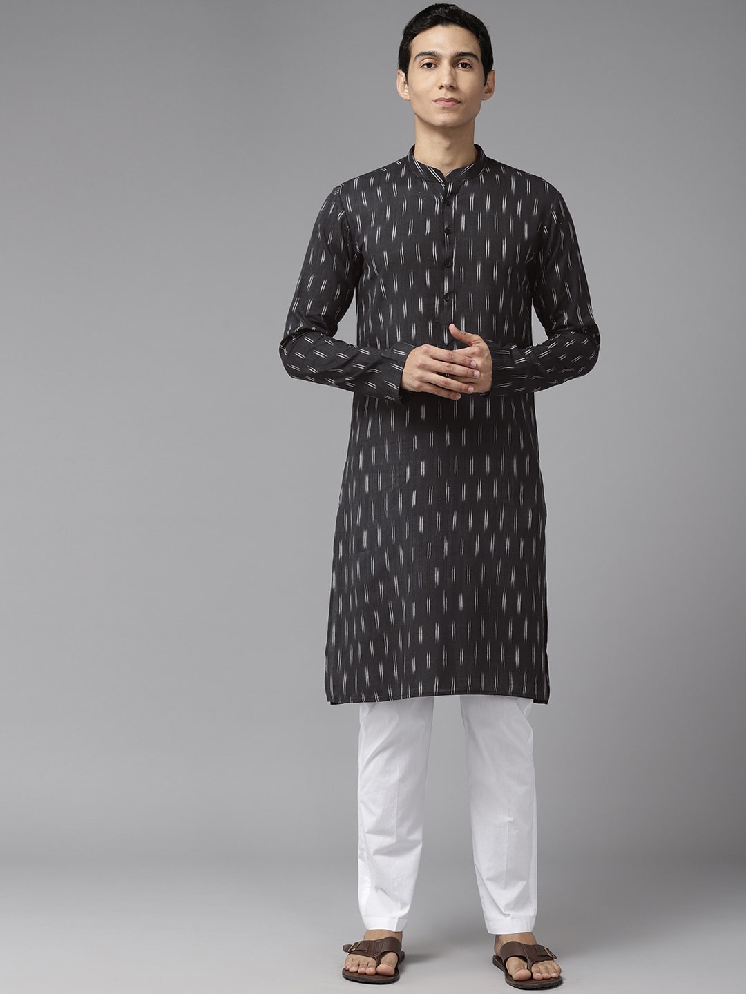

See Designs Striped Mandarin Collar Straight Cotton Kurta, Black