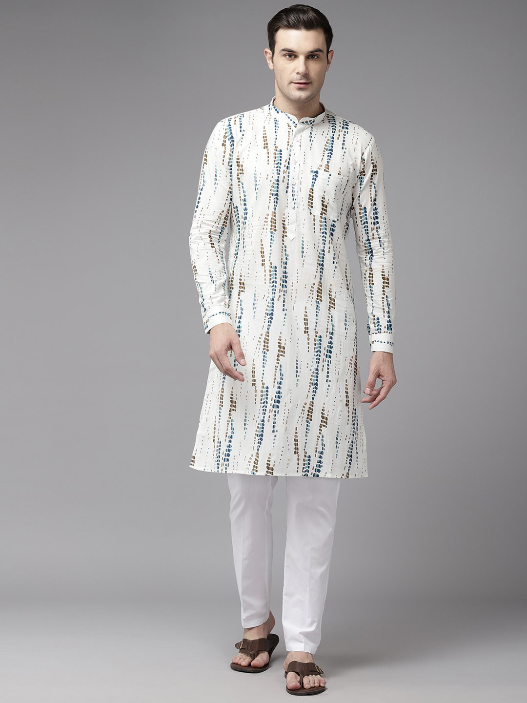 

See Designs Abstract Printed Mandarin Collar Straight Cotton Kurta, White