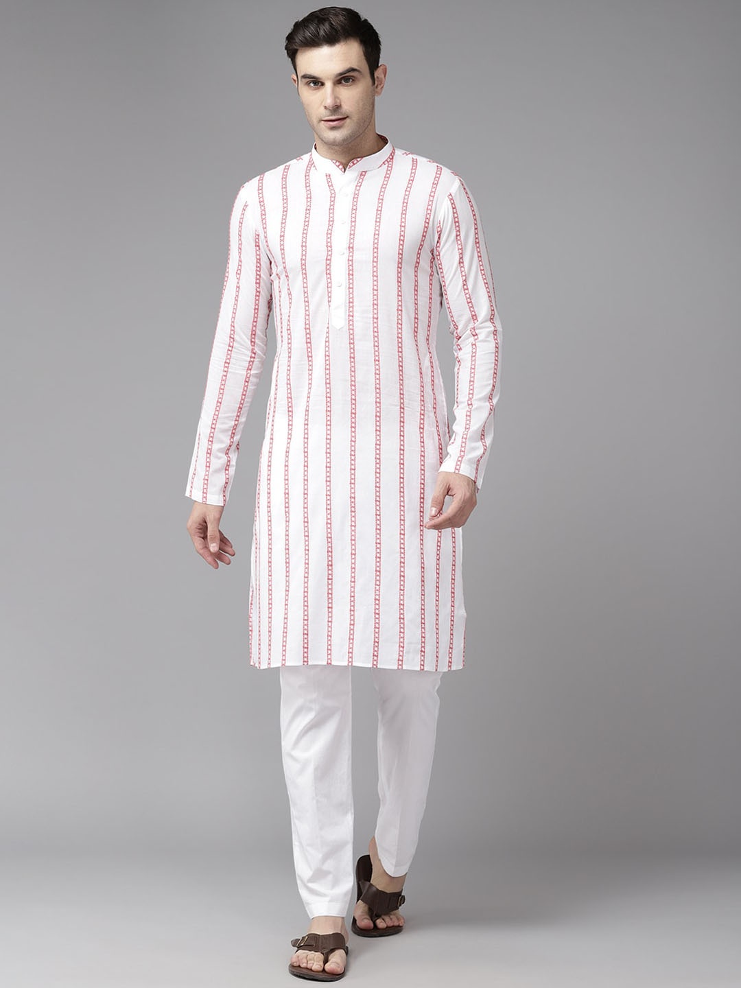 

See Designs Striped Embroidered Thread Work Pure Cotton Straight Kurta, White