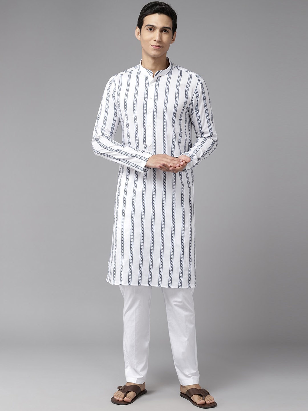 

See Designs Striped Mandarin Collar Thread Work Straight Cotton Kurta, White