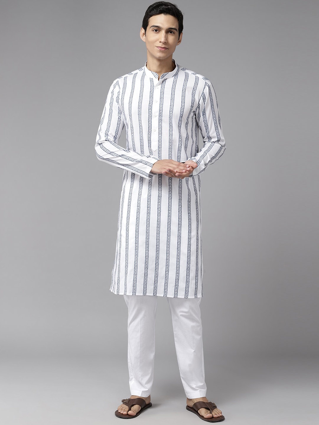 

See Designs Striped Mandarin Collar Thread Work Straight Cotton Kurta, White