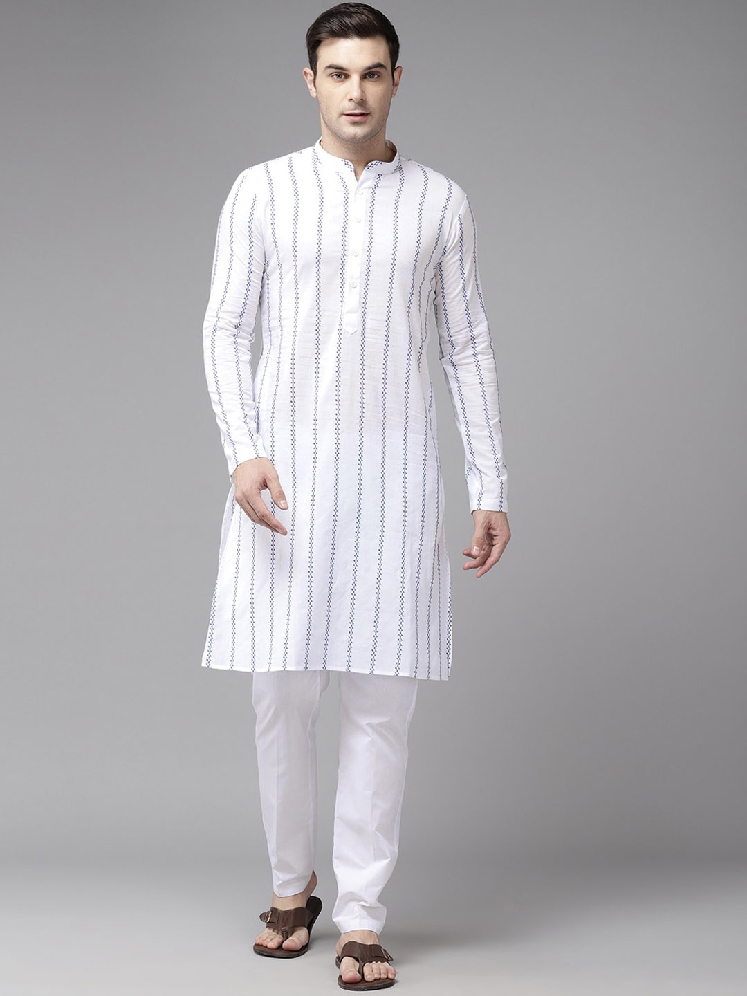 

See Designs Embroidered Mandarin Collar Thread Work Pure Cotton Kurta, White