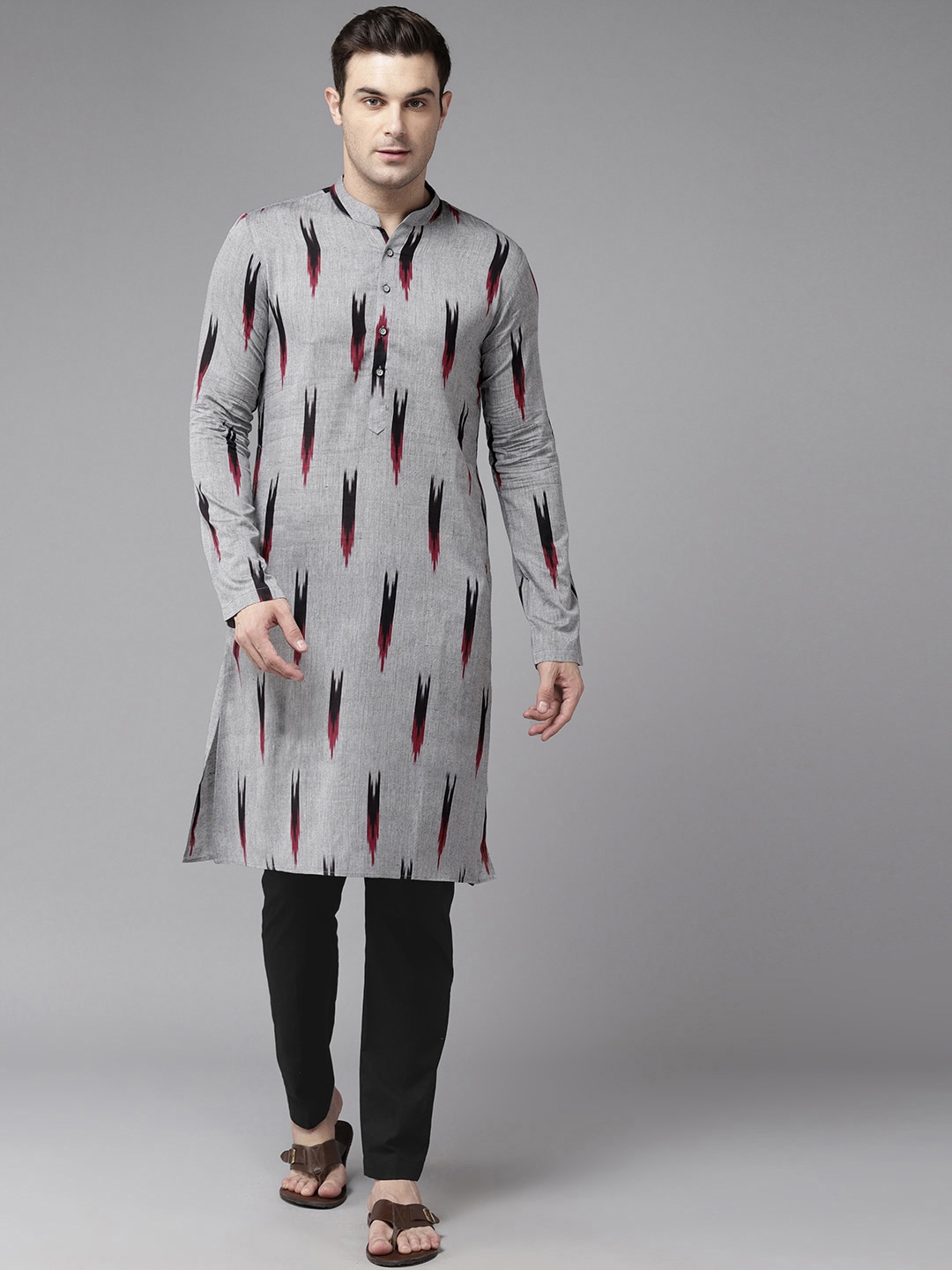 

See Designs Abstract Printed Mandarin Collar Pure Cotton Kurta, Grey