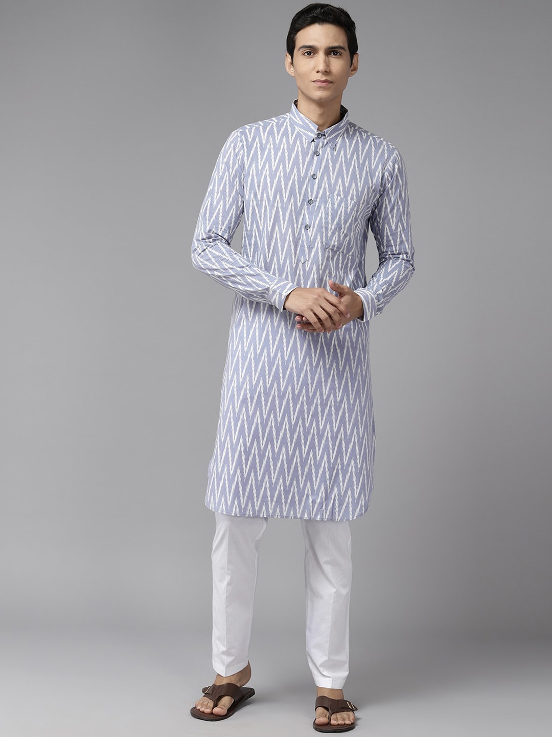 

See Designs Geometric Printed Mandarin Collar Pure Cotton Kurta, Grey