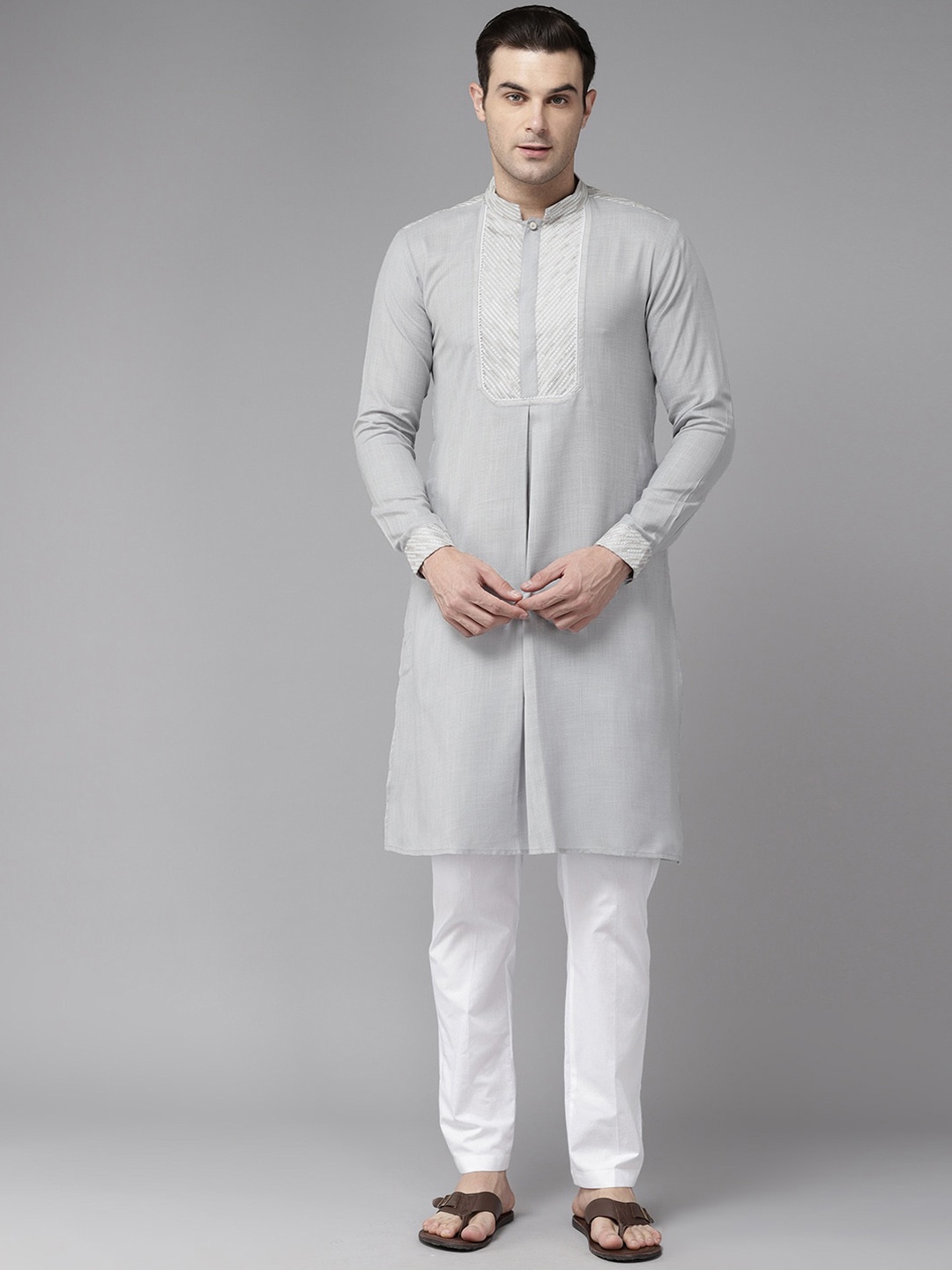 

See Designs Floral Embroidered Thread Work Pure Silk A-lIne Kurta, Grey