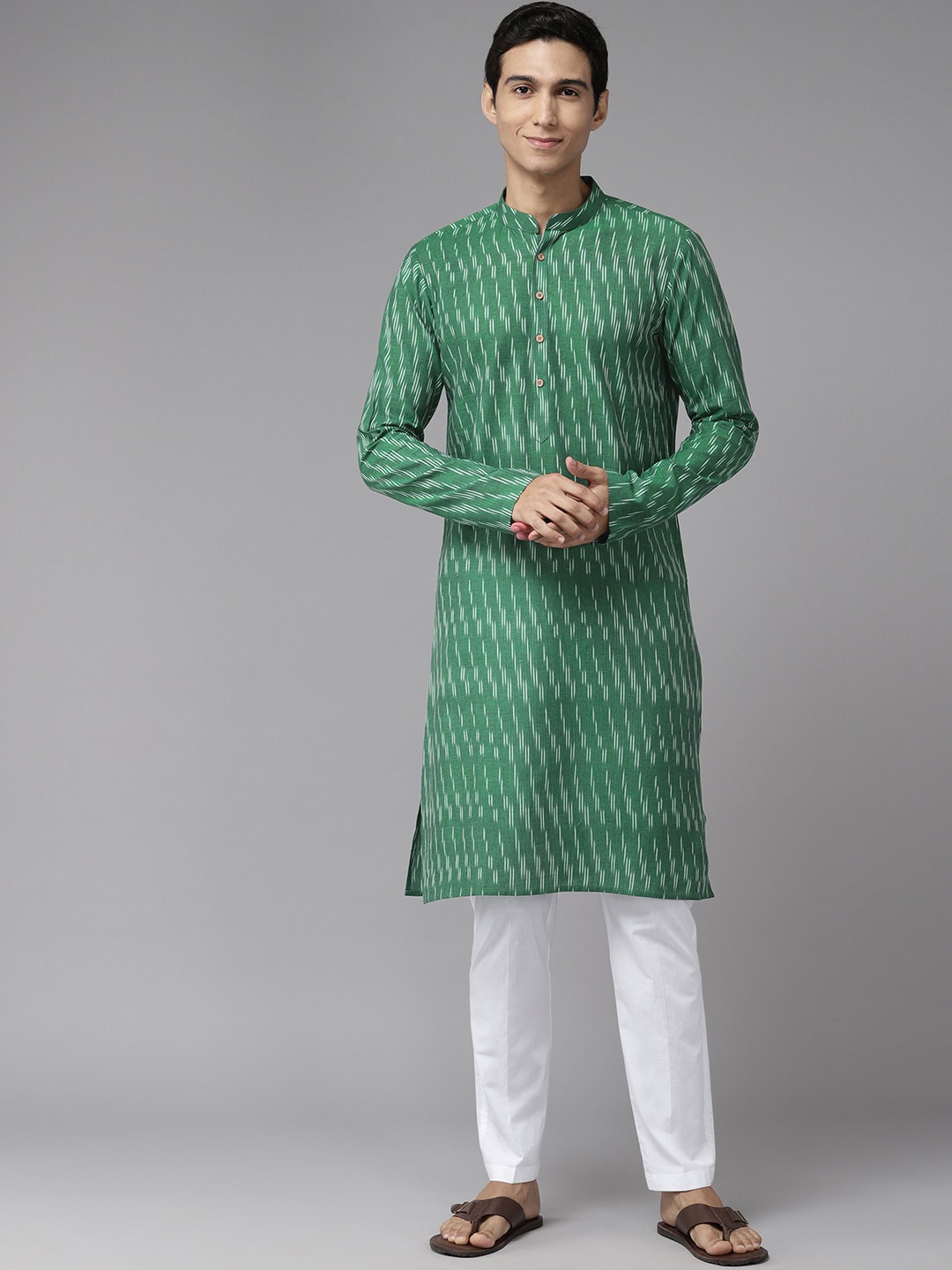 

See Designs Striped Mandarin Collar Pure Cotton Straight Kurta, Green