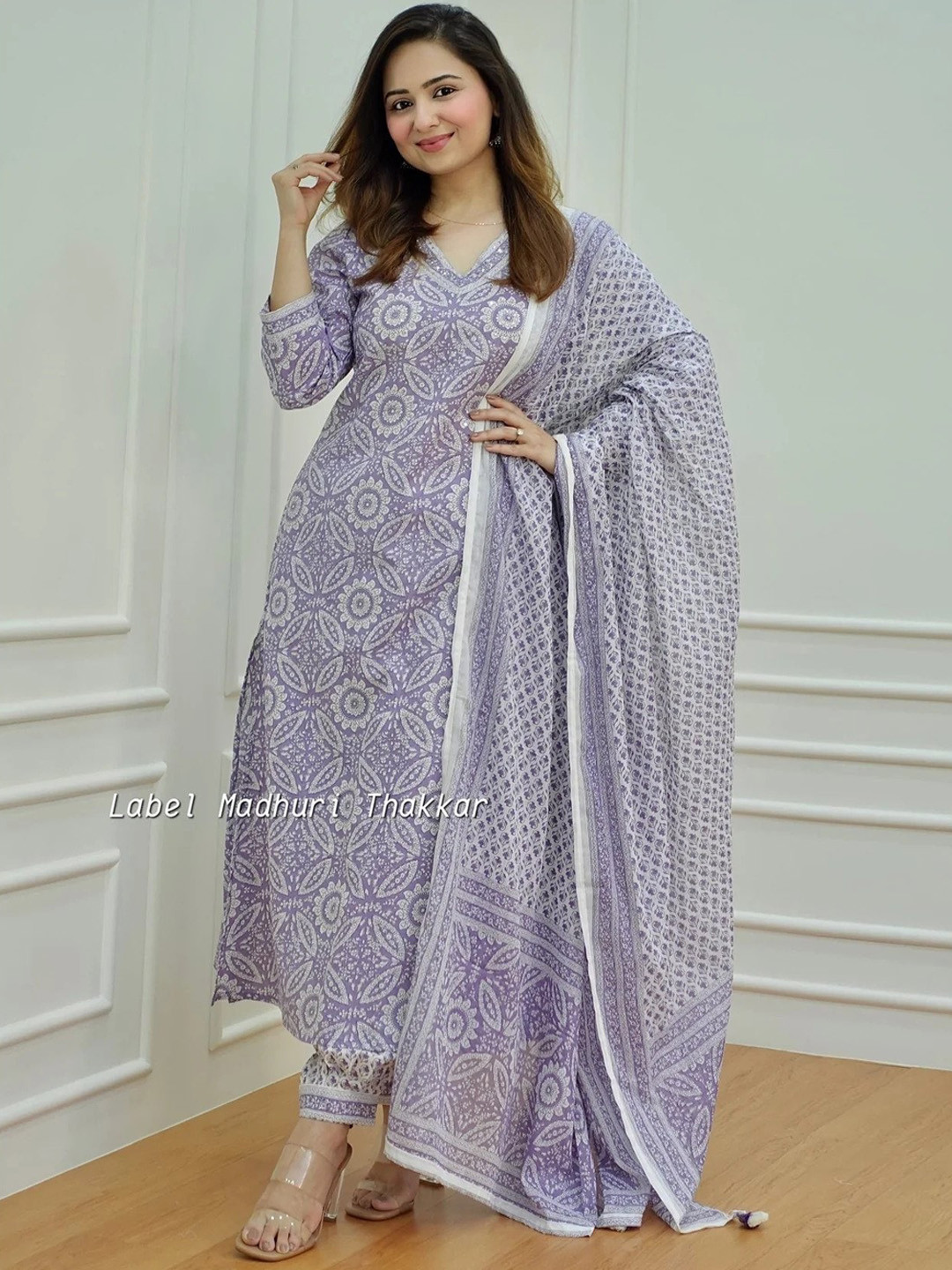 

KALINI Floral Printed Mirror Work Pure Cotton Kurta & Trousers With Dupatta, Blue