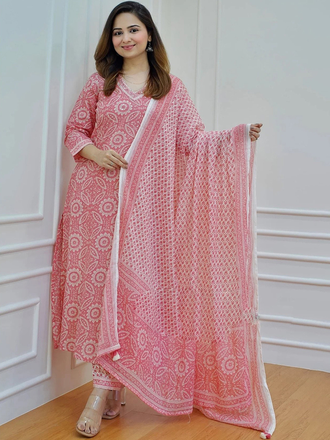 

KALINI Floral Printed Sequinned Pure Cotton Straight Kurta & Trousers with Dupatta, Peach