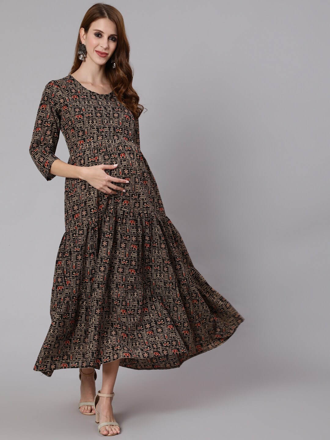 

Nayo Black Ethnic Printed Maternity Cotton A-Line Ethnic Dress