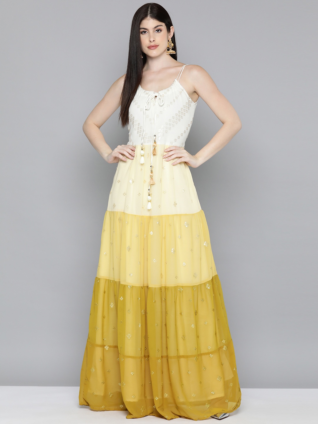

Kvsfab Embroidered Georgette A-Line Maxi Dress, Yellow