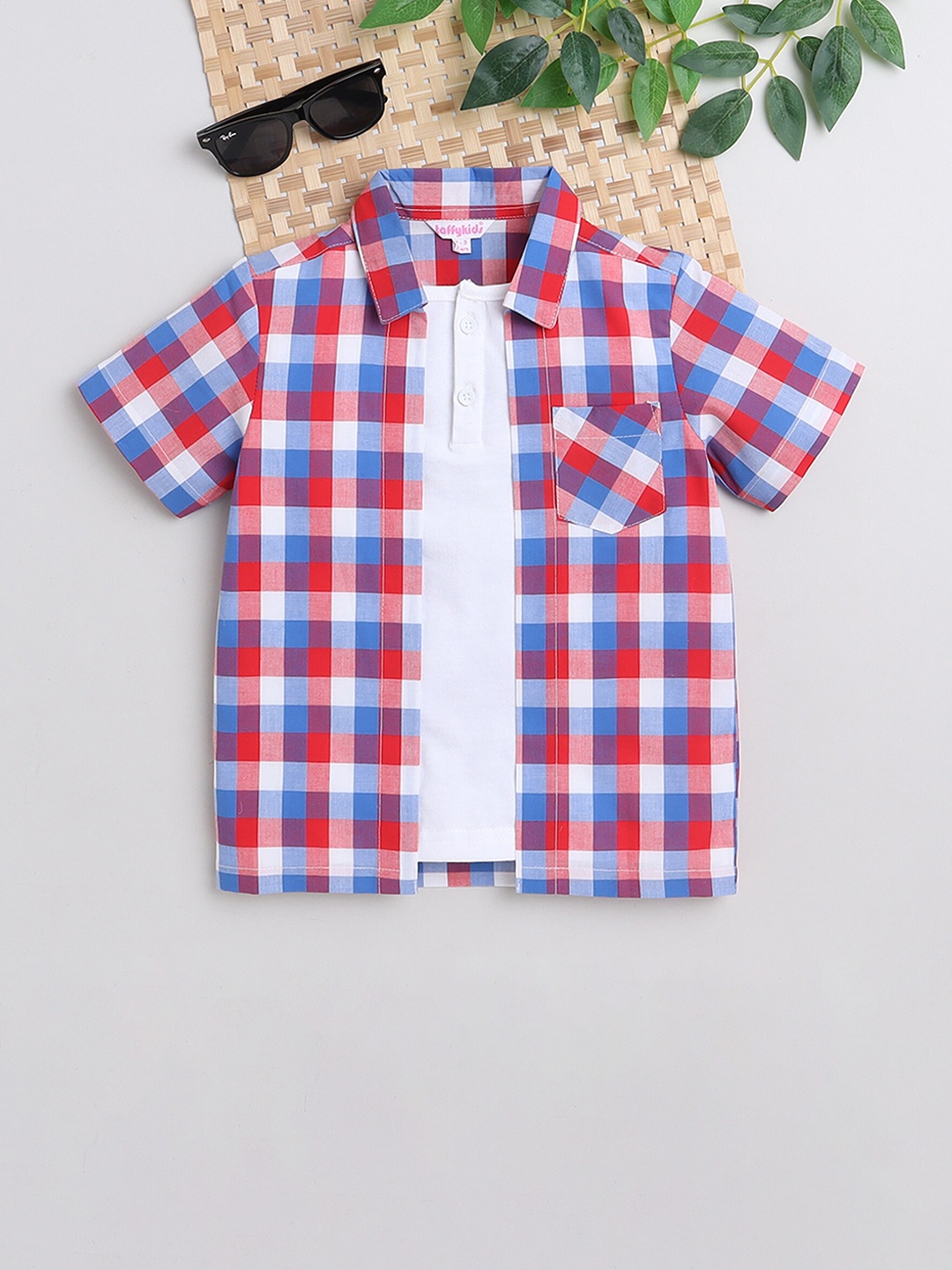 

taffykids Boys Standard Tartan Checks Pure Cotton Casual Shirt With T-Shirt, White