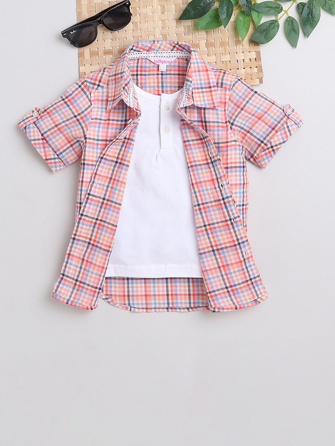 

taffykids Boys Standard Tartan Checks Pure Cotton Casual Shirt With T-Shirt, White