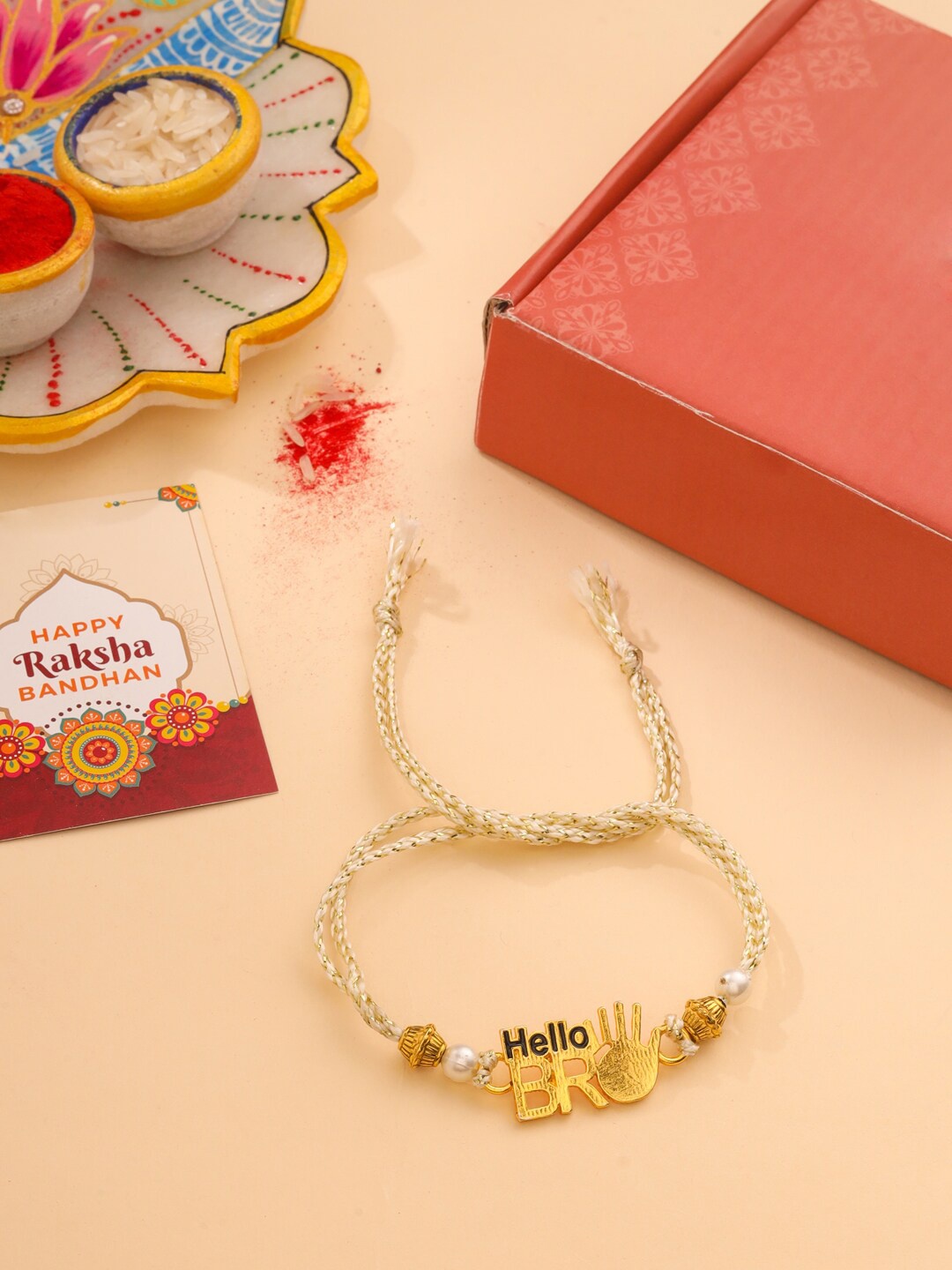 

Natures Buggy Men Gold-Plated Hello Bro Charm Rakhi