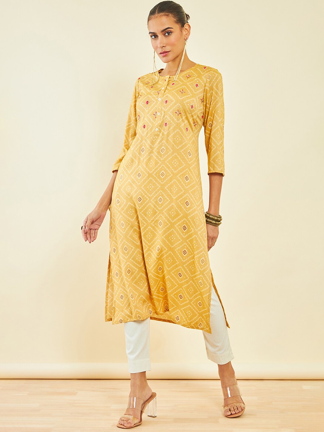 

Soch Yellow Bandhani Printed Round Neck Thread work Regular Kurta