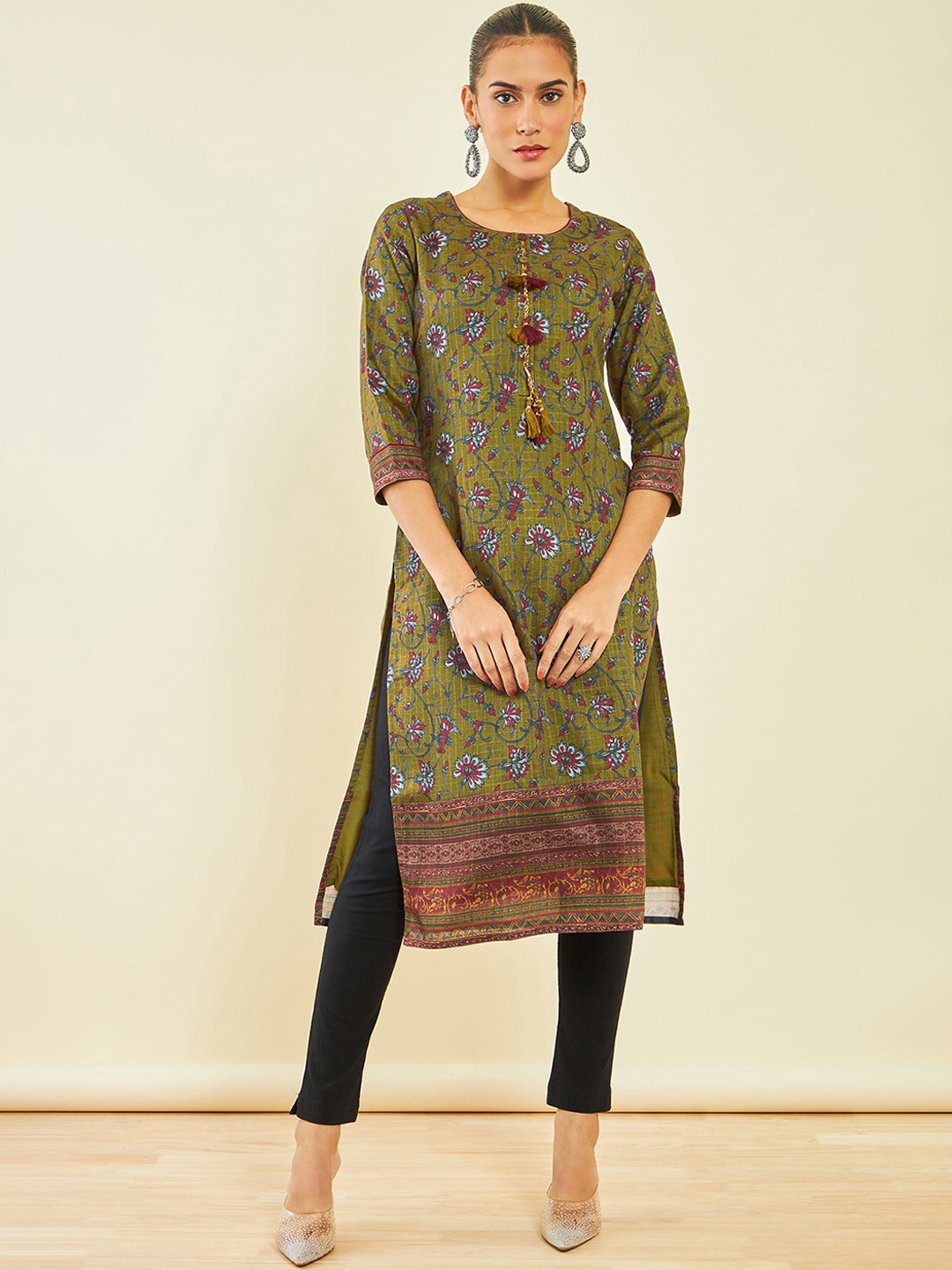 

Soch Olive Green Floral Printed Round Neck Thread Work Regular Kurta