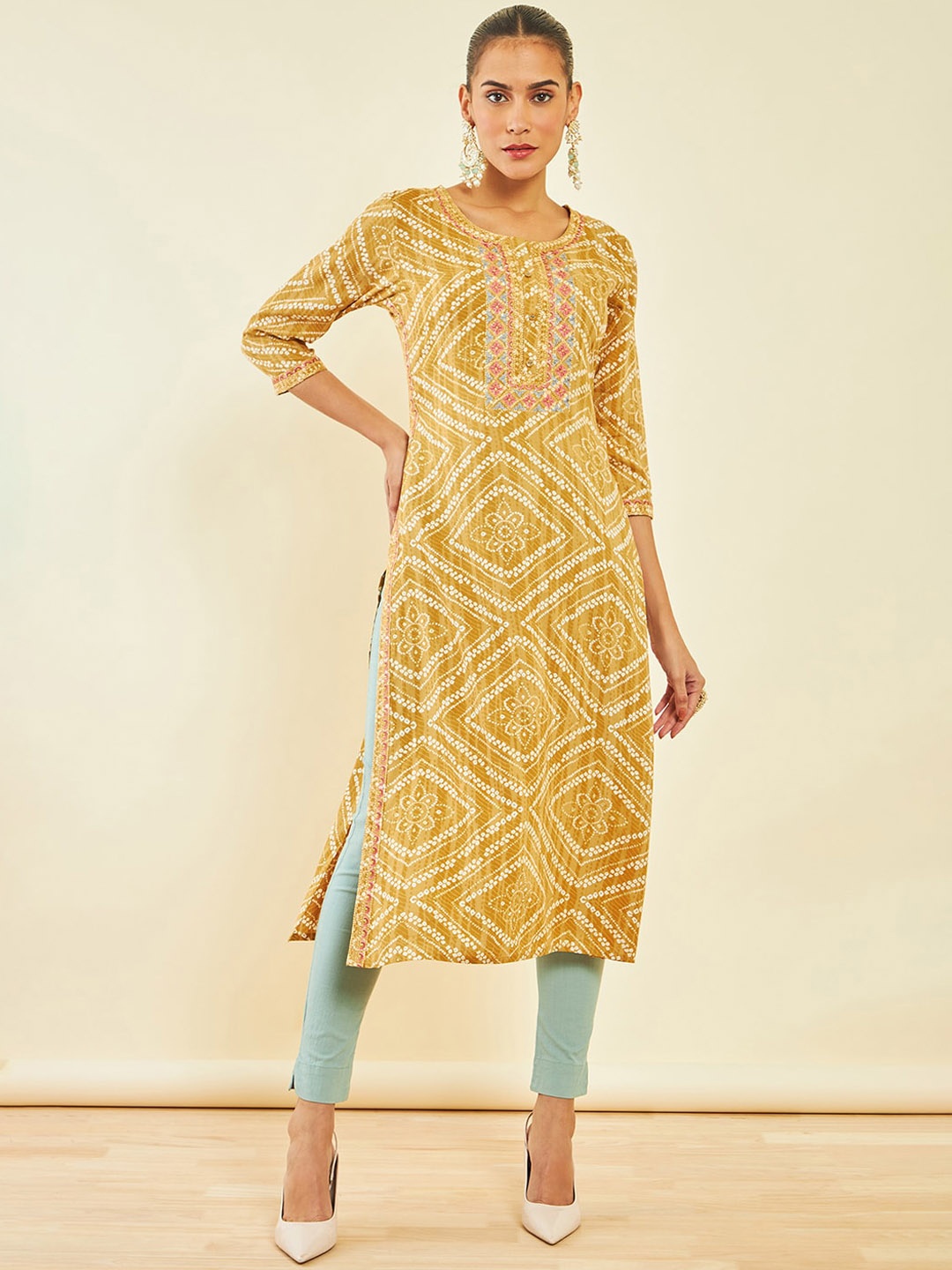 

Soch Mustard Yellow Bandhani Printed Round Neck Thread work Regular Kurta