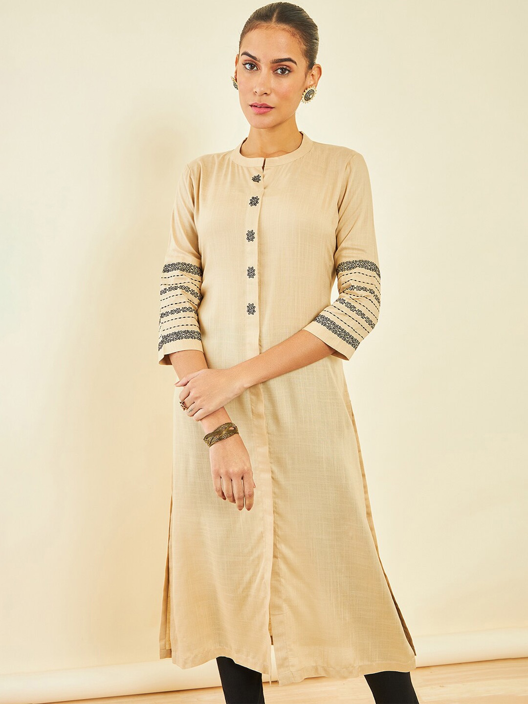 

Soch Beige Ethnic Motifs Embroidered Mandarin Collar Thread Work Regular Kurta