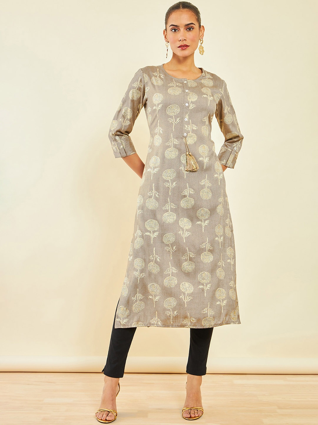 

Soch Beige Floral Printed Round Neck Thread Work Regular Kurta