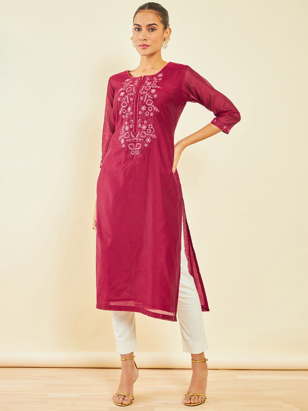 

Soch Floral Yoke Design Thread Work Chanderi Silk Straight Kurta, Maroon