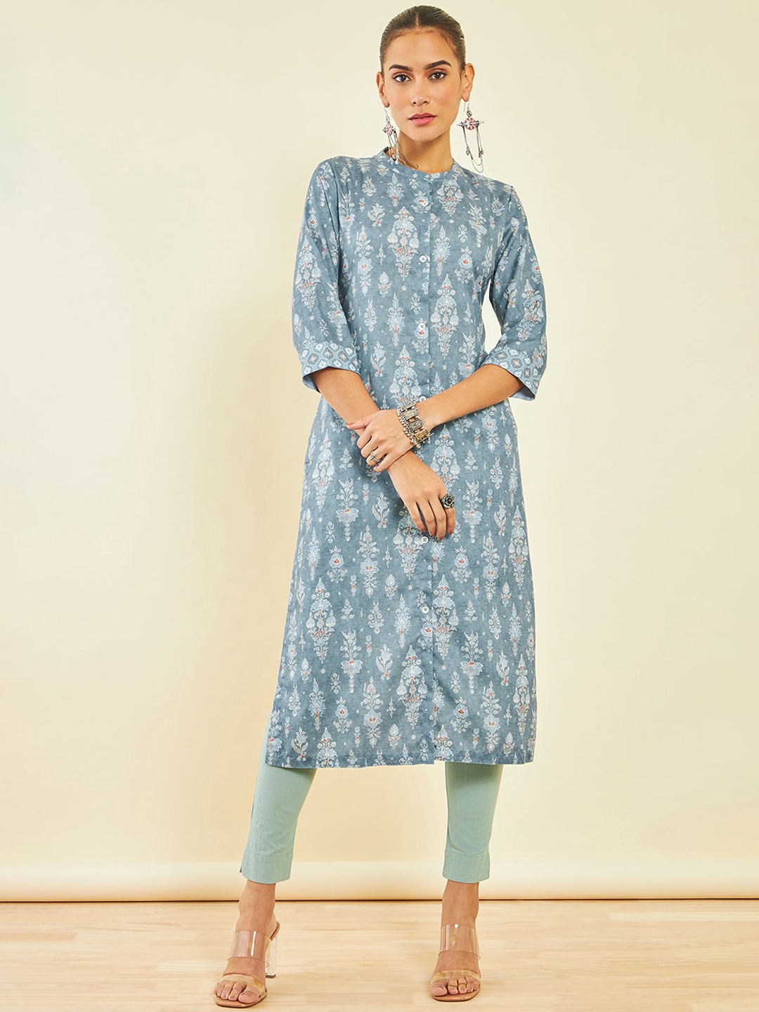 

Soch Ethnic Motifs Printed Band Collar Straight Kurta, Grey