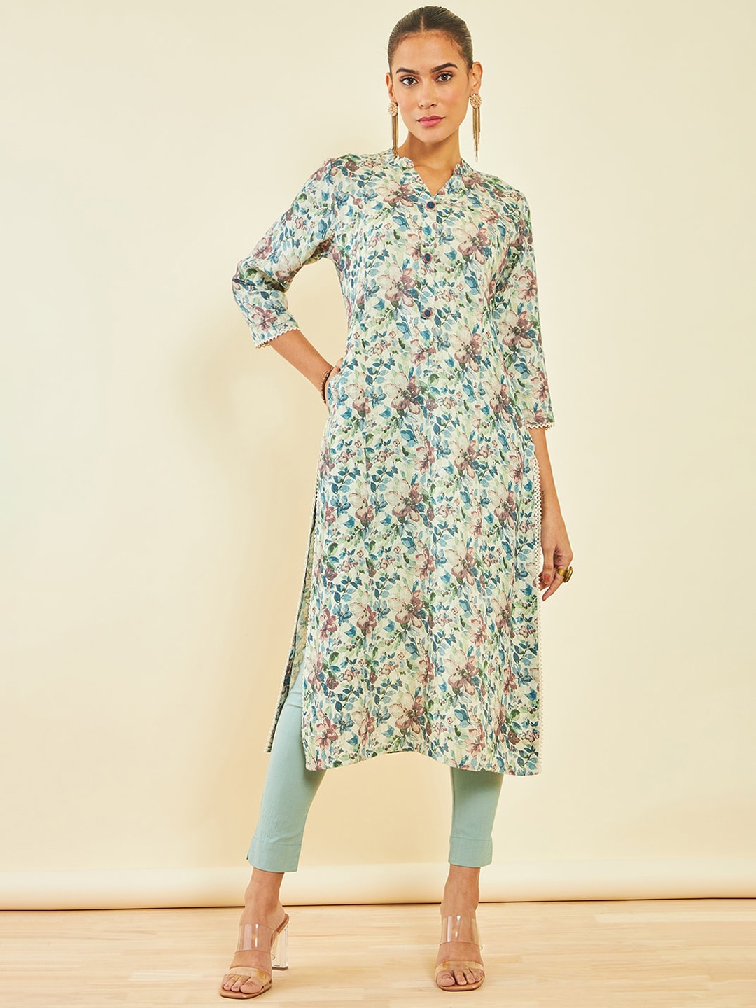 

Soch Floral Printed Mandarin Collar Linen Straight Kurta, Beige