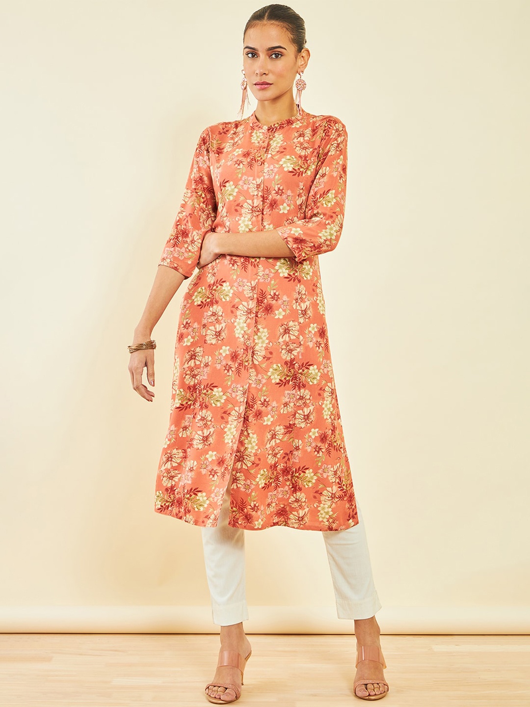 

Soch Floral Printed Band Collar Straight Kurta, Peach