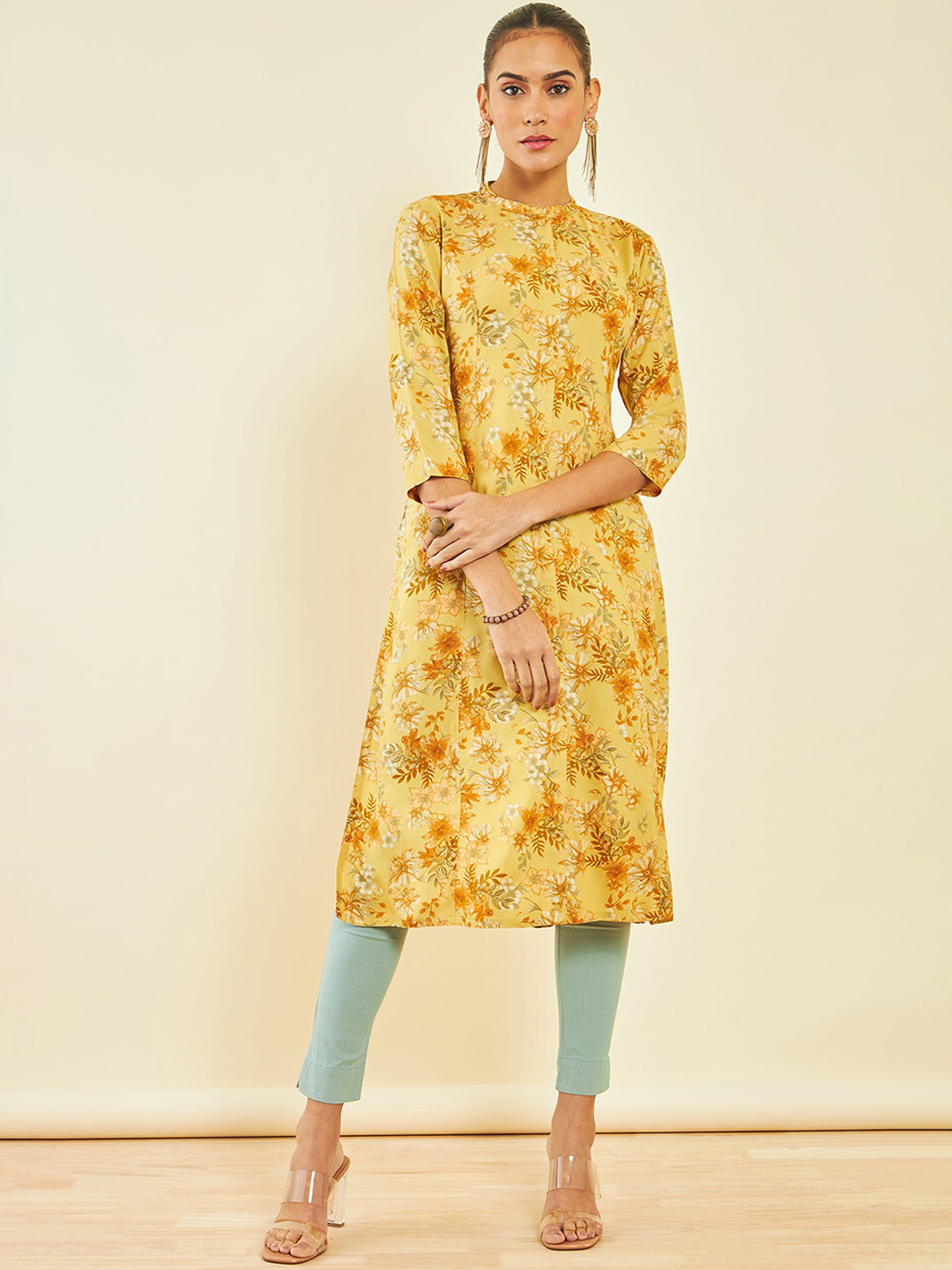 

Soch Floral Printed Band Collar Straight Kurta, Mustard