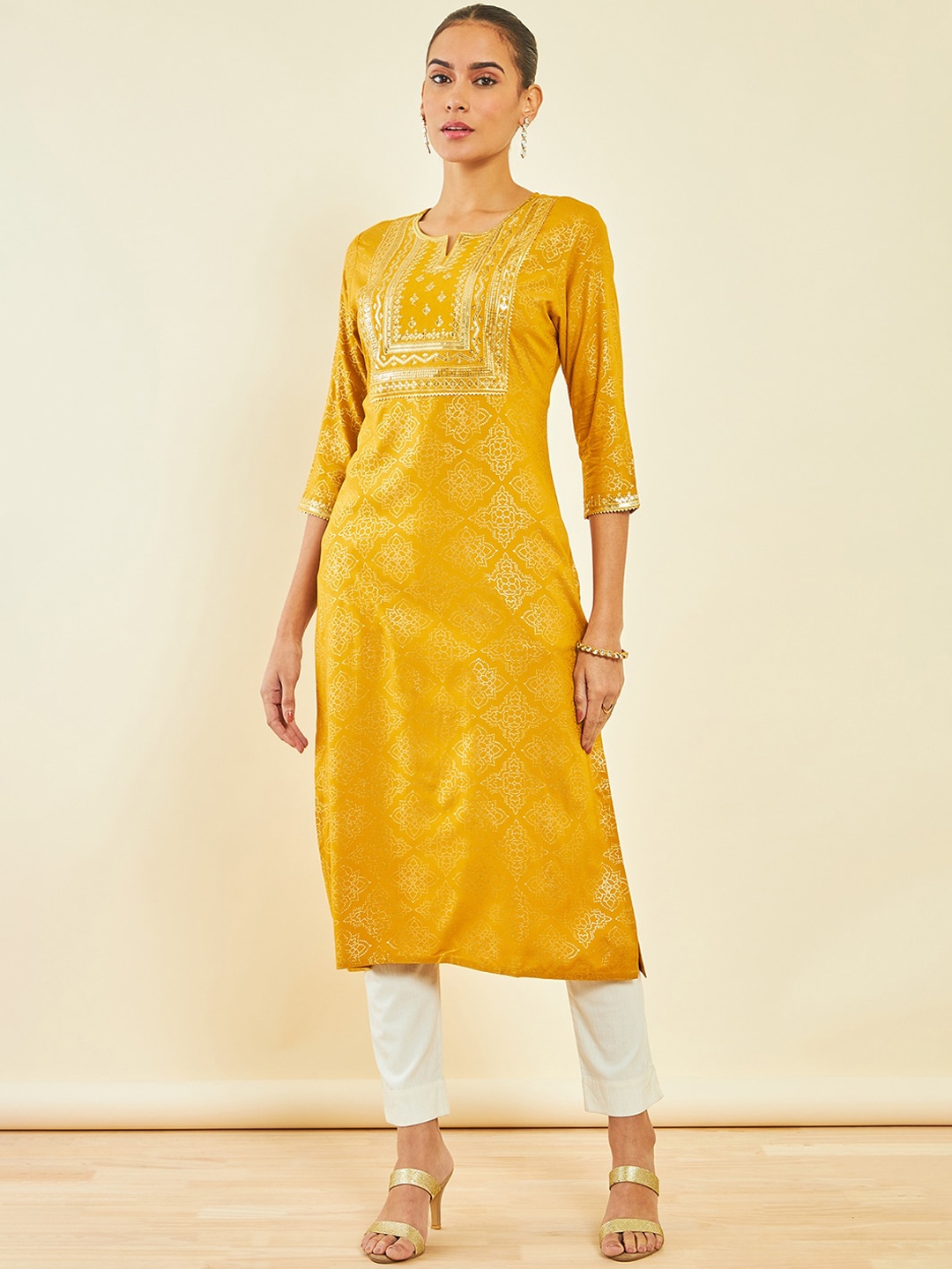 

Soch Ethnic Motifs Printed Sequins Detail Straight Kurta, Mustard