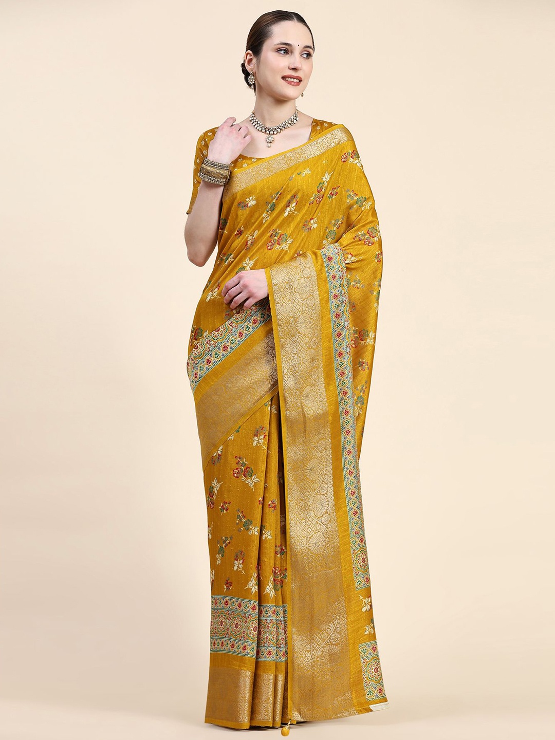

Phenav Floral Printed Zari Saree, Yellow