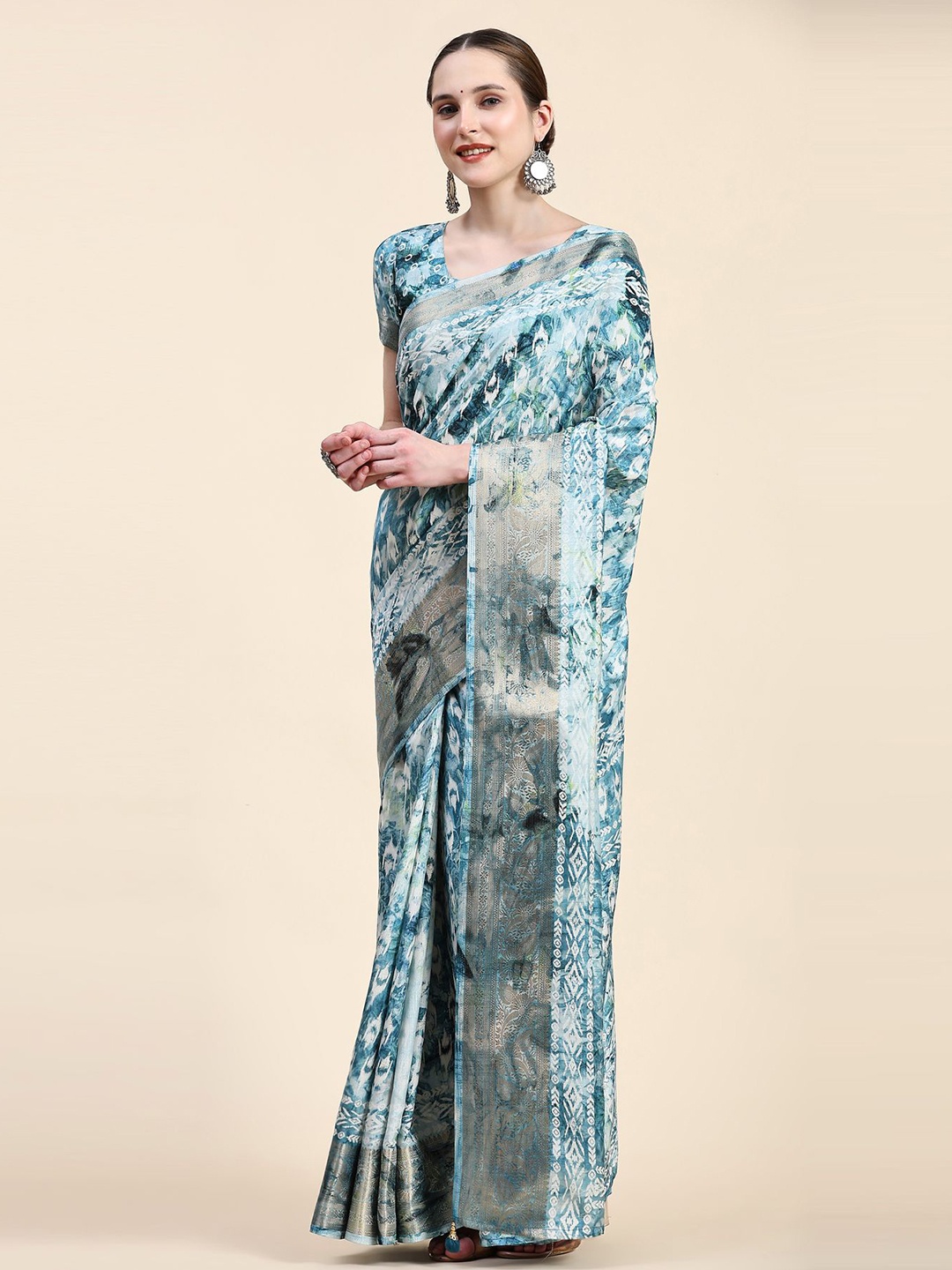 

Phenav Abstract Printed Zari Silk Blend Saree, Blue