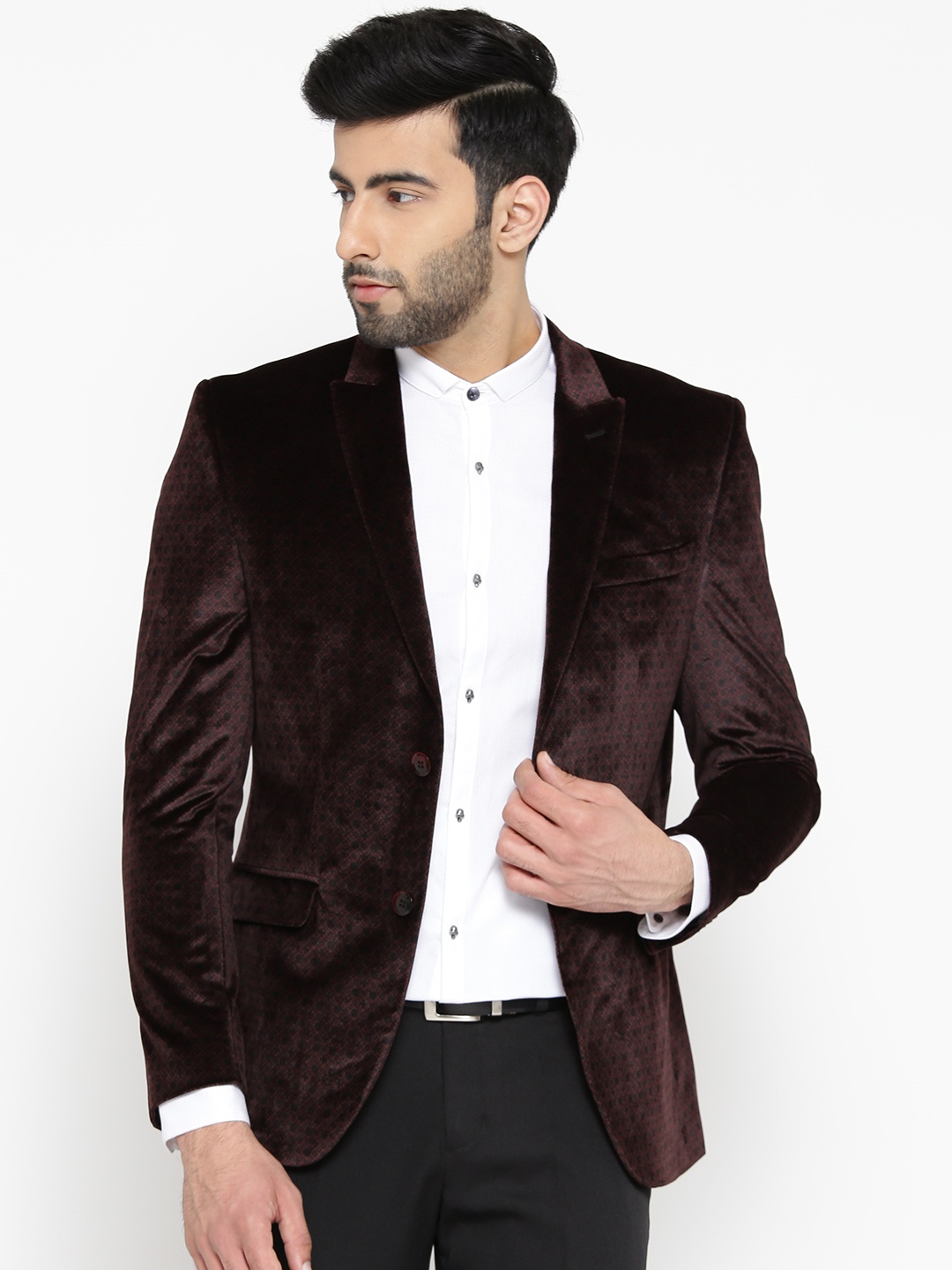 

Blackberrys Maroon Printed Slim Fit Velvet Finish Party Wear Blazer