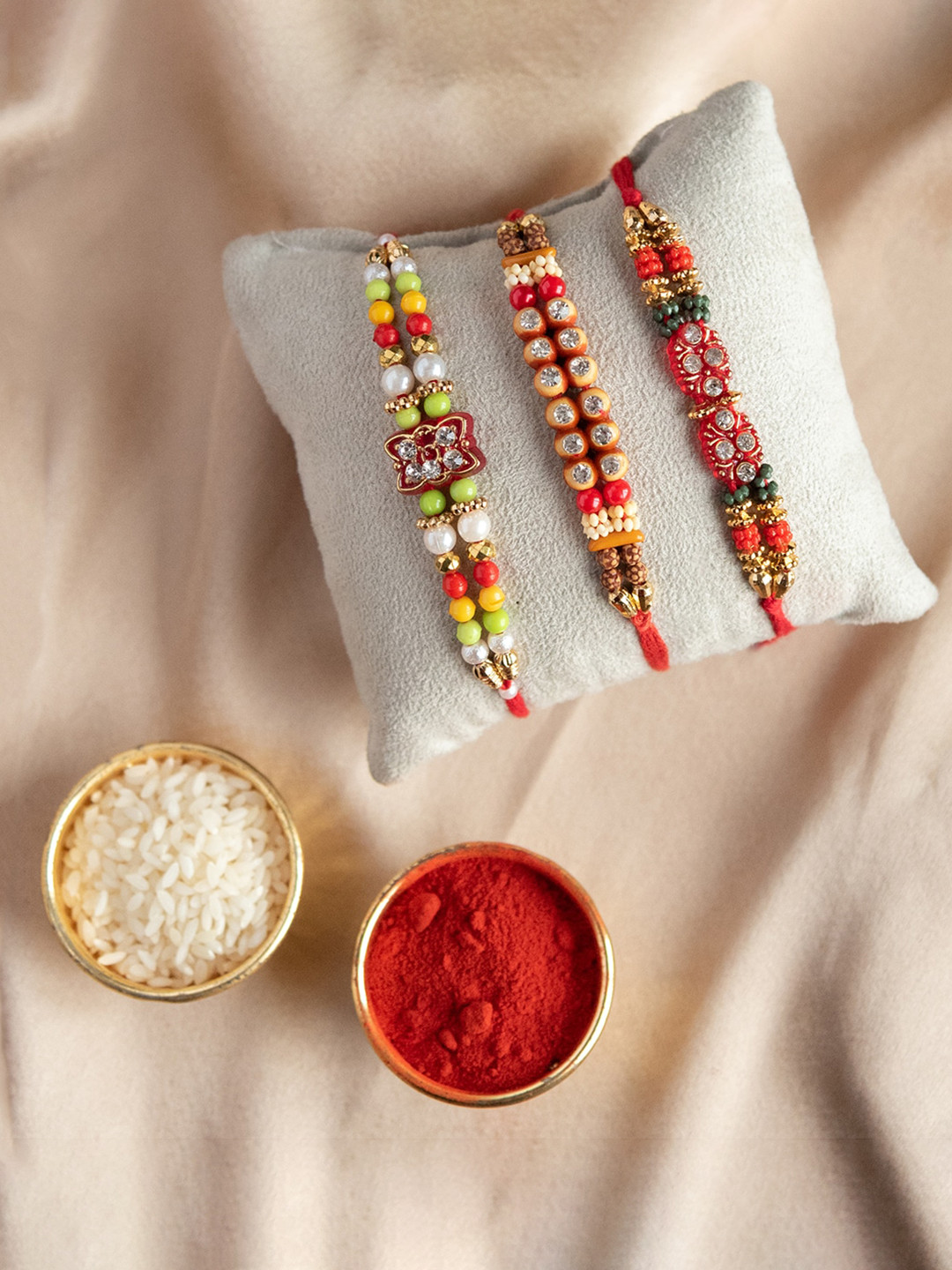 

Jewelz Unisex Set Of 3 Beads Rakhi With Roli & Chawal, Red