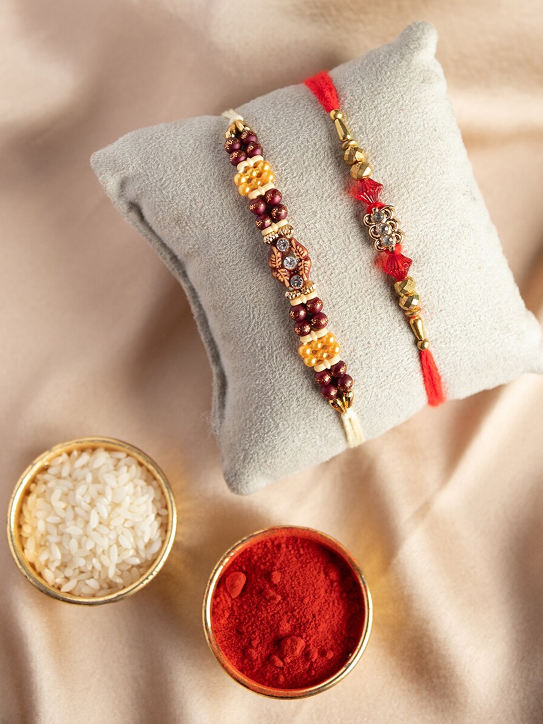 

Jewelz Unisex Set Of 2 Beads Rakhi With Roli & Chawal, Red
