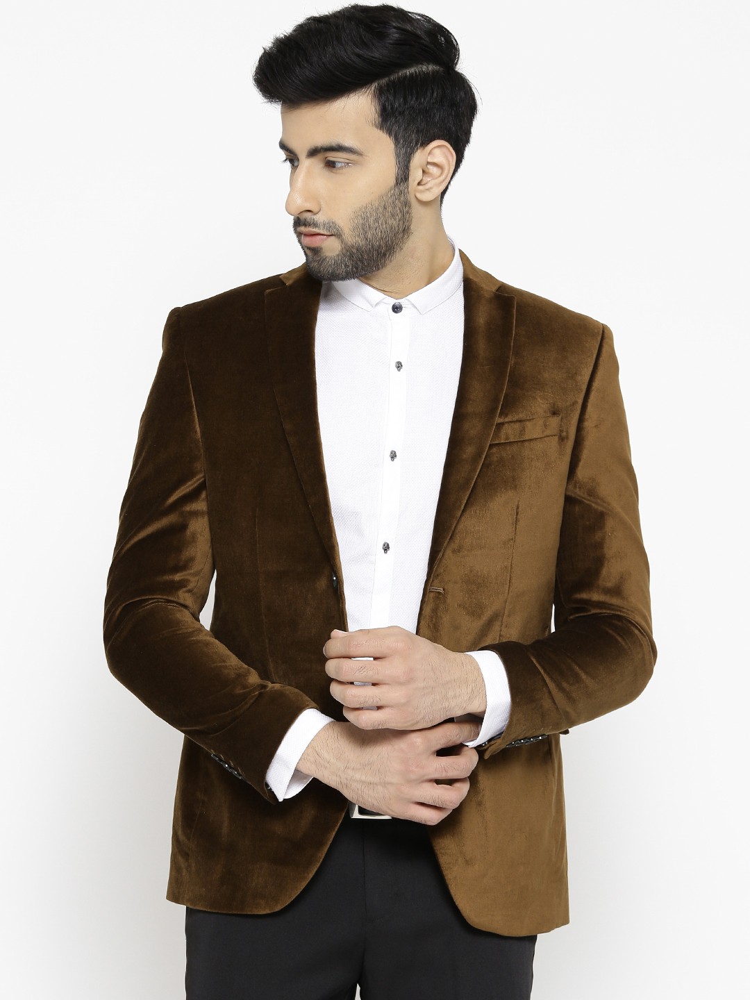 

Blackberrys Men Mustard Brown Slim Fit Velvet Finish Single-Breasted Party Blazer
