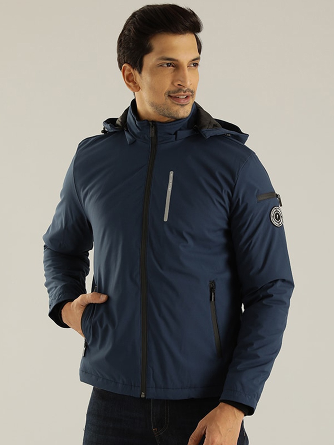 

Indian Terrain Hooded Polyester Lightweight Padded Zip Detail Jacket, Navy blue