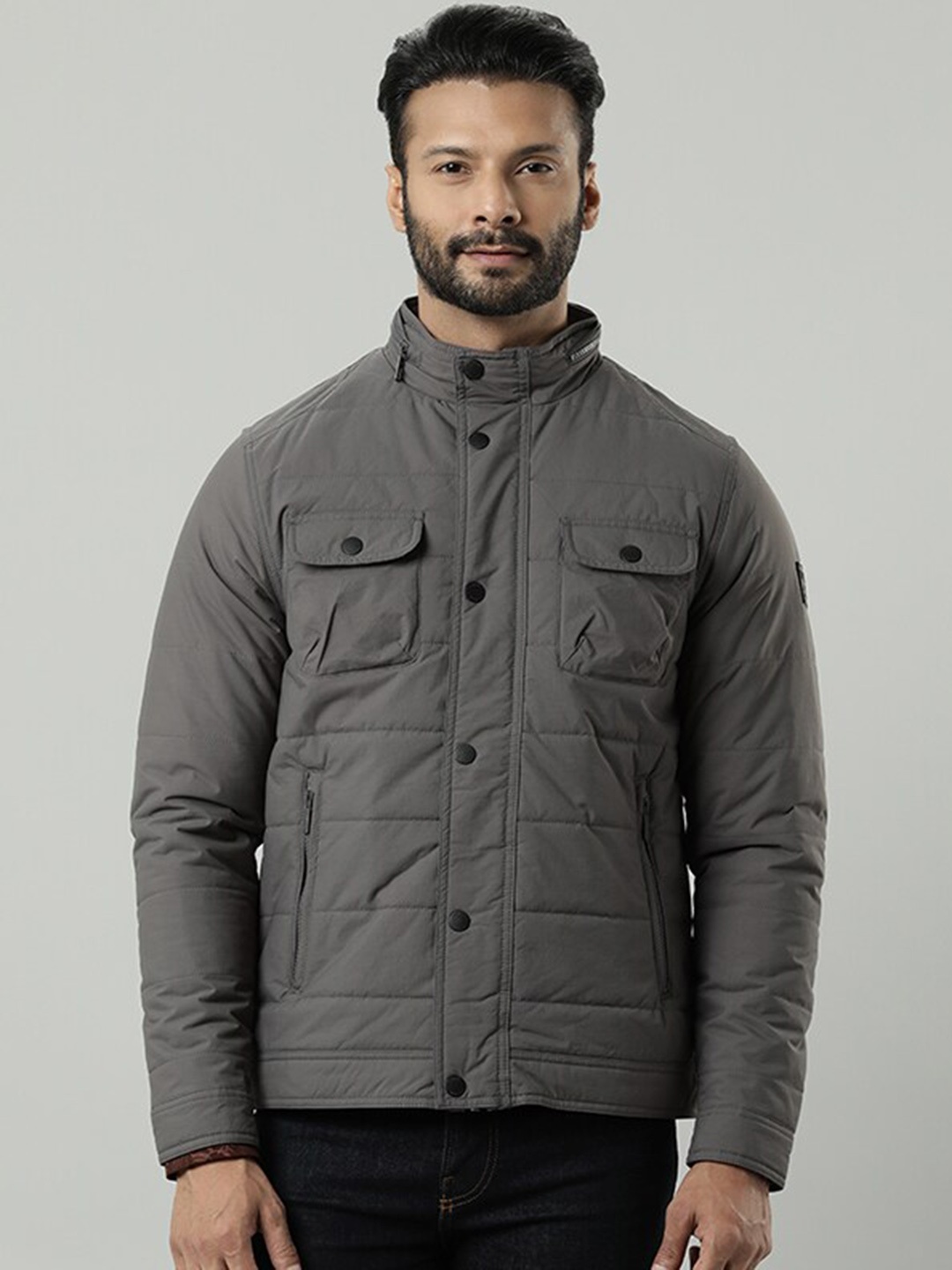 

Indian Terrain Mock Collar Zip Closure Polyester Padded Jacket, Grey