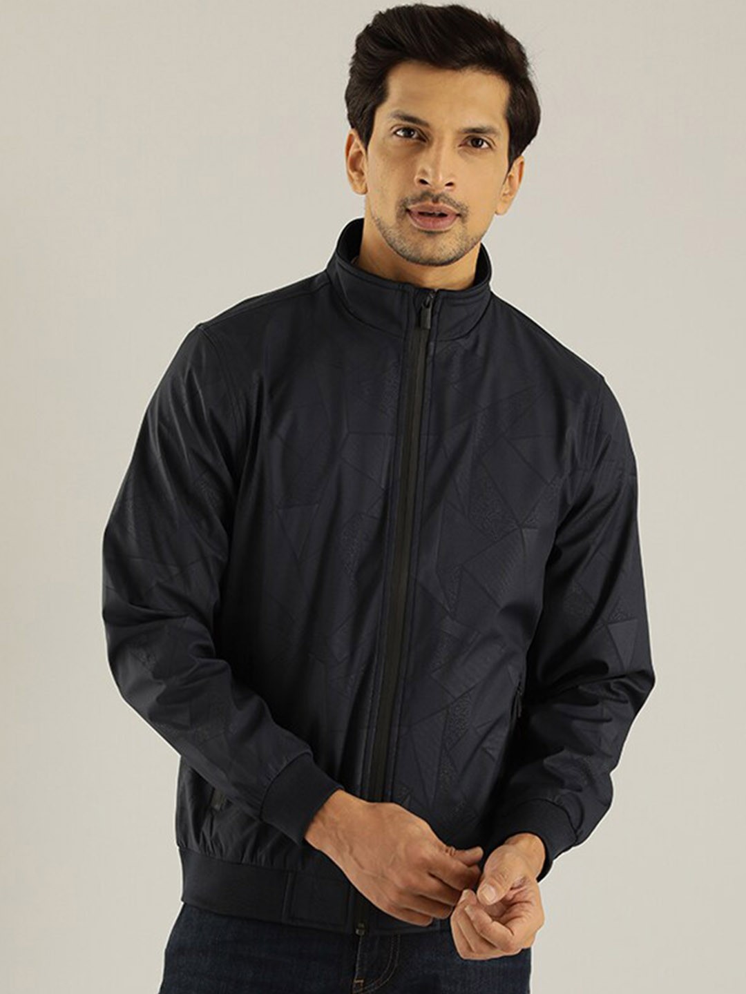 

Indian Terrain Geometric Printed Lightweight Bomber Jacket, Navy blue